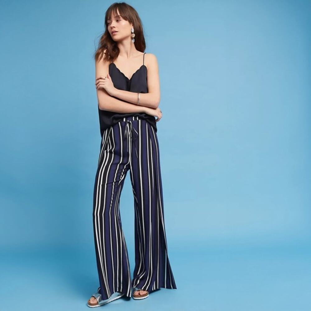 Anthropologie Maeve Pants Striped Side Slit Wide Leg Beach Resort Blue Size S